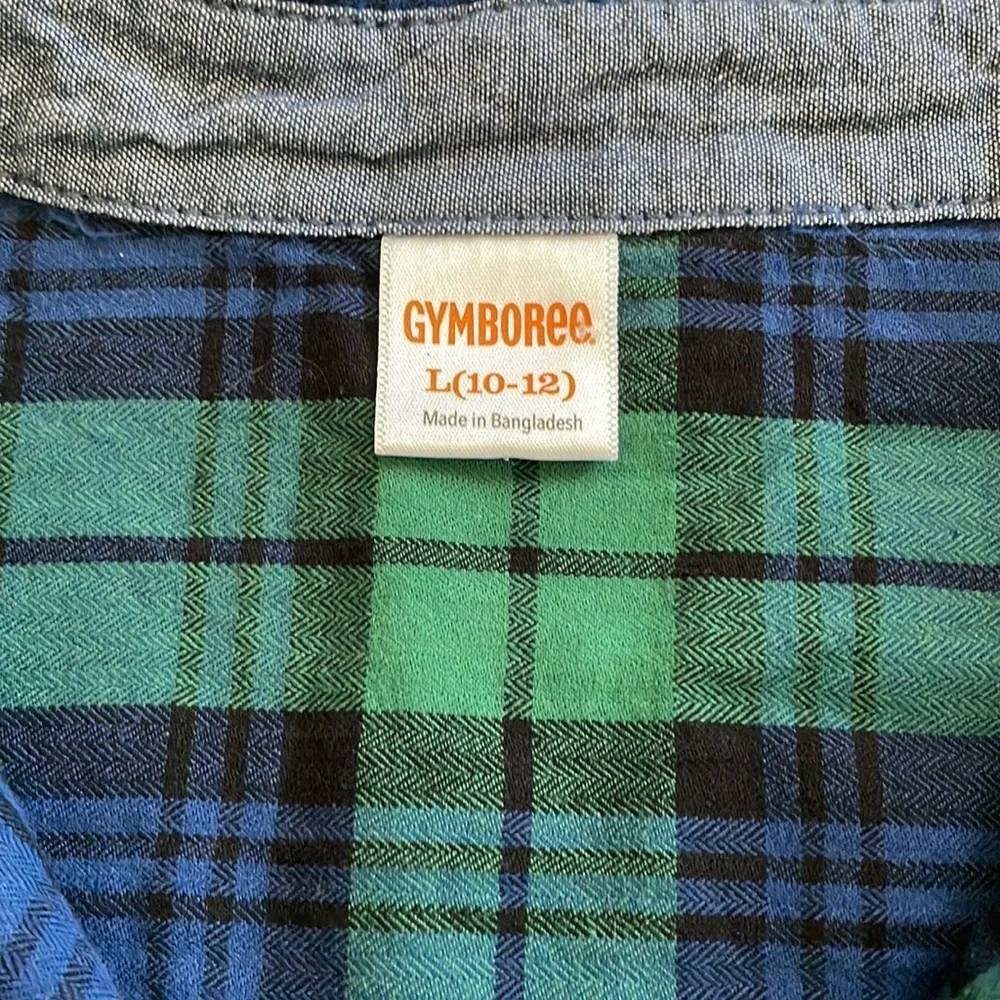 Gymboree long sleeve blue, black & green plaid button down shirt.  Boys size L